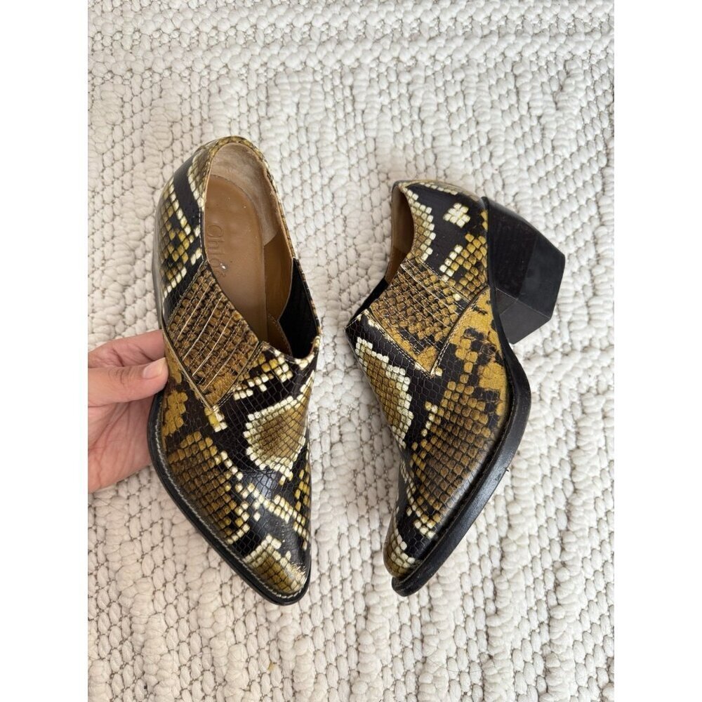 Chloé Rylee Snakeskin Embossed Leather Ankle Bootie Leather Block Heel Size 36